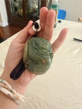 Carved Jade Dragon Pendant Necklace - Green